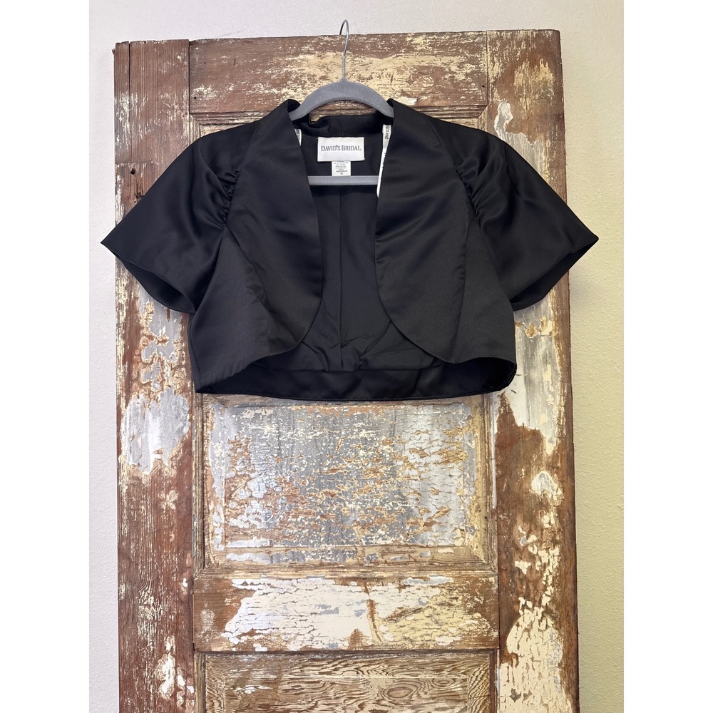 Davids Bridal Black Satin Bolero Shrug Short Sleeve Ruched Formal Jacket 12